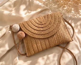 Straw Crossbody Bag for Women, Boho Woven Clutch Purse, Beach Handbag