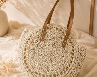 Handmade Round Straw Tote Bag, Crochet Beach Purse, Boho Summer Shoulder Bag