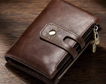 Men's Genuine Leather Wallet RFID Zipper Wallet Bifold Card Holder Gift For Him