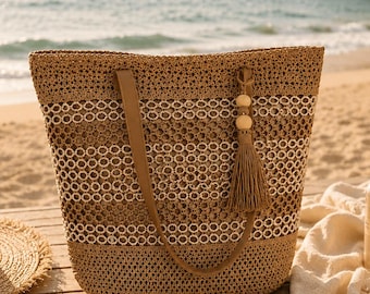 Woven Straw Tote Bag Boho Beach Bag Rattan Shoulder Handbag for Women