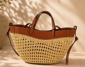 Handmade Straw Tote Bag, Woven Leather Handle Beach Shoulder Bag, Large Summer Boho Purse
