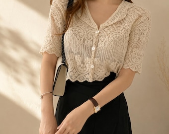 Sheer Lace Blouse Women, Embroidered Korean Style Shirt, Elegant Vintage Short Sleeve Top
