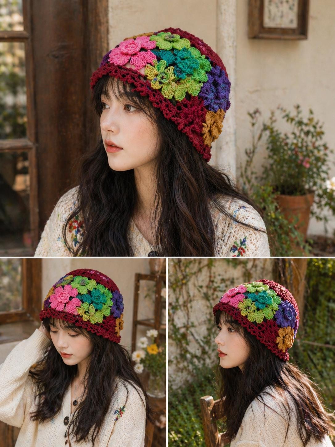 Handmade Crochet Floral Beanie Boho Summer Hat Women Knit Flower Cap - Etsy