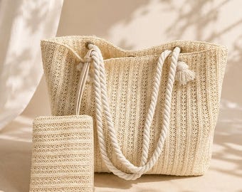 Straw Tote Bag Women – Woven Beach Shoulder Bag – Summer Boho Handbag Set