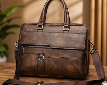 Leather Laptop Bag Handmade Briefcase Mens Work Travel Shoulder Office Bag