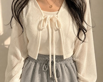 Soft Girl Ribbon Tie Cardigan Women, Korean Knit Crop Top, Coquette Sweater