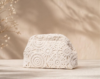 Crochet Clutch Bag Floral Lace Pouch Boho Style Elegant Women Handbag