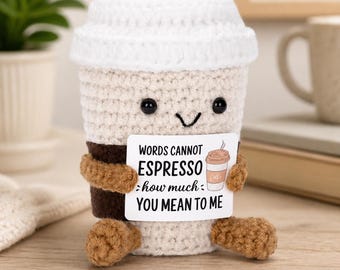 Handmade Crochet Coffee Cup Plush – Emotional Support Desk Decor Gift