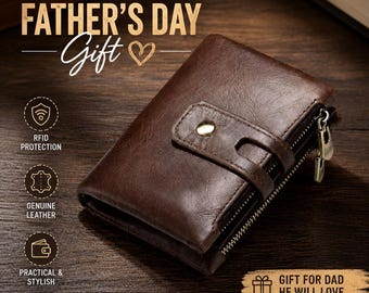 Genuine Leather Bifold Wallet, RFID Zippered Card Holder (Father's Day Gift)