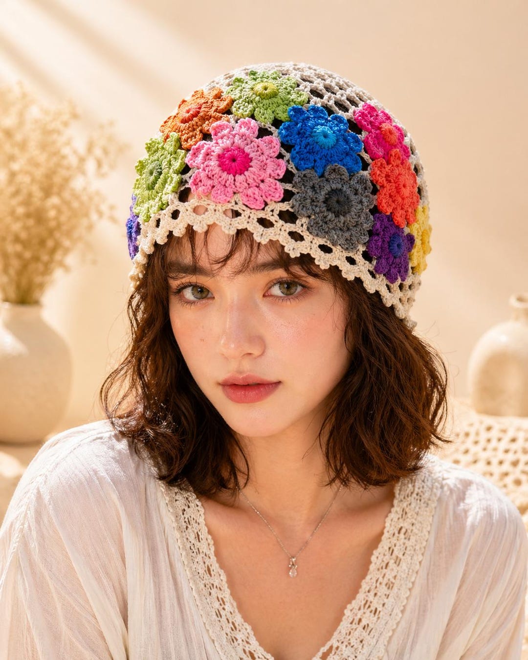 Handmade Crochet Floral Beanie Boho Summer Hat Women Knit Flower Cap - Etsy