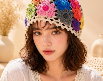 Handmade Crochet Floral Beanie Boho Summer Hat Women Knit Flower Cap