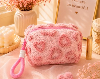 Fluffy Heart Plush Makeup Bag, Pink Kawaii Cosmetic Pouch, Soft Toiletry Bag