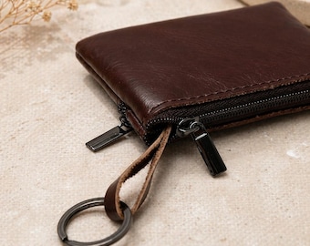 Genuine Leather Mini Wallet Small Coin Purse Zipper Card Holder Compact Keyring Pouch