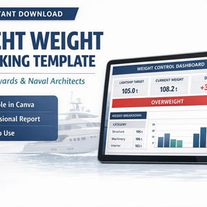 May include: A digital yacht weight tracking template displayed on a tablet. The screen shows weight control data, including lightship target, current weight, and delta. The template is designed for shipyards and naval architects.