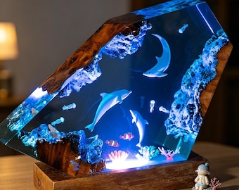 Lampe époxy DOLPHIN, lampe en résine époxy personnalisée, veilleuse en résine, lampe d'art sur bois en résine, veilleuse personnalisée, veilleuse personnalisée, cadeaux
