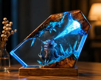 Godzilla Resin Lamp – Handmade Epoxy Night Light, Table Lamp, Playroom Decor, Unique Birthday & Housewarming Gift for Him or Dad
