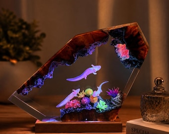 Lampka nocna z żywicy aksolotl, lampa artystyczna z żywicy meksykańskiej salamandry, wyjątkowe prezenty z żywicy dla córki, dekoracja domu, prezent świąteczny dla dziecka