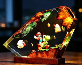 Lampada in resina Super Adventure fatta a mano / Luce notturna da tavolo in resina epossidica per bambini / Decorazione per sala giochi e sala giochi / Regalo di Natale unico
