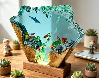 Lampada in resina a forma di delfino e sirena, luce notturna personalizzata, lampada decorativa artistica, lampada artistica in legno e resina, luce notturna personalizzata, arredamento per il soggiorno, arredamento per la casa