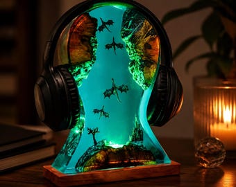 Lampada Drago in Resina: Supporto per Cuffie Fatto a Mano con Illuminazione Fuoco e Ghiaccio, Lampada da Tavolo Drago 3D, Decorazione Artistica in Resina Epossidica, Lampada di Natale, Regalo Perfetto