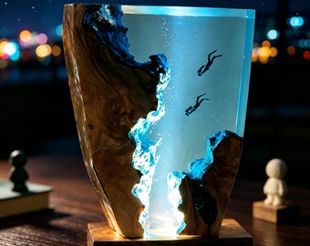 Luce notturna da sub, esplorazione subacquea e immersioni in acque profonde, lampada personalizzata in legno e resina epossidica, apnea, regalo unico per la casa, regalo per lei