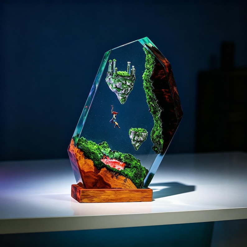 May include: A unique resin art piece featuring a miniature landscape with floating islands, lush green moss, and a wooden base. The clear resin encases the scene, creating a three-dimensional effect. The artwork includes tiny figures, adding a sense of scale and wonder.