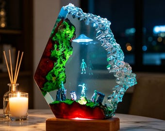 Lampada spaziale in resina e legno, luci notturne spaziali, lampada notturna in resina epossidica per astronavi, lampada in resina interstellare, regalo per la festa del papà
