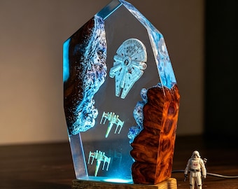 Lampada spaziale galattica realizzata in resina e legno, luci notturne spaziali, lampada notturna in resina epossidica per veicoli spaziali, lampada interstellare in resina, regalo di Natale, lampada
