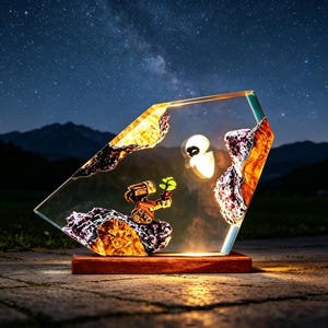 Puede incluir: Una lámpara única con un diseño geométrico transparente, que incorpora formaciones rocosas y una base de madera. La lámpara muestra un robot sosteniendo una planta y una figura brillante, sobre un fondo de cielo estrellado.