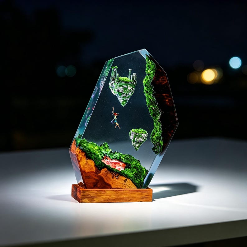 May include: A clear resin sculpture with a fantasy landscape inside. The sculpture features miniature floating islands with green foliage, a small figure, and a wooden base. The background is dark with bokeh lights.