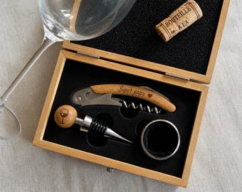 Coffret vin personnalisable avec tire-bouchon, bouchon sommelier, bague anti-coulement - 100% personnalisable - Idée cadeau fête des pères