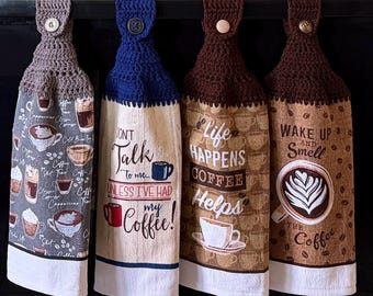 Toalla de cocina con borde de ganchillo: estampado de café, toalla de cocina colgante con botones.