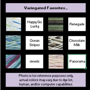 Puede incluir: Una colecci&oacute;n de ovillos de hilo jaspeado en varios colores, incluyendo azul, verde, marr&oacute;n y morado. El hilo est&aacute; etiquetado con nombres como "Happy Go Lucky", "Renegade", "Ocean Stripes", "Chocolate Milk", "Jewels" y "Panorama".