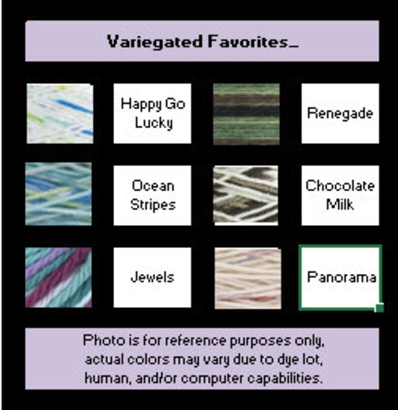 Puede incluir: Una colecci&oacute;n de ovillos de hilo jaspeado en varios colores, incluyendo azul, verde, marr&oacute;n y morado. El hilo est&aacute; etiquetado con nombres como "Happy Go Lucky", "Renegade", "Ocean Stripes", "Chocolate Milk", "Jewels" y "Panorama".