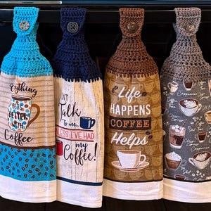 Crochet Top Kitchen Towel: Coffee Print, Button-On Hanging Dish Towel