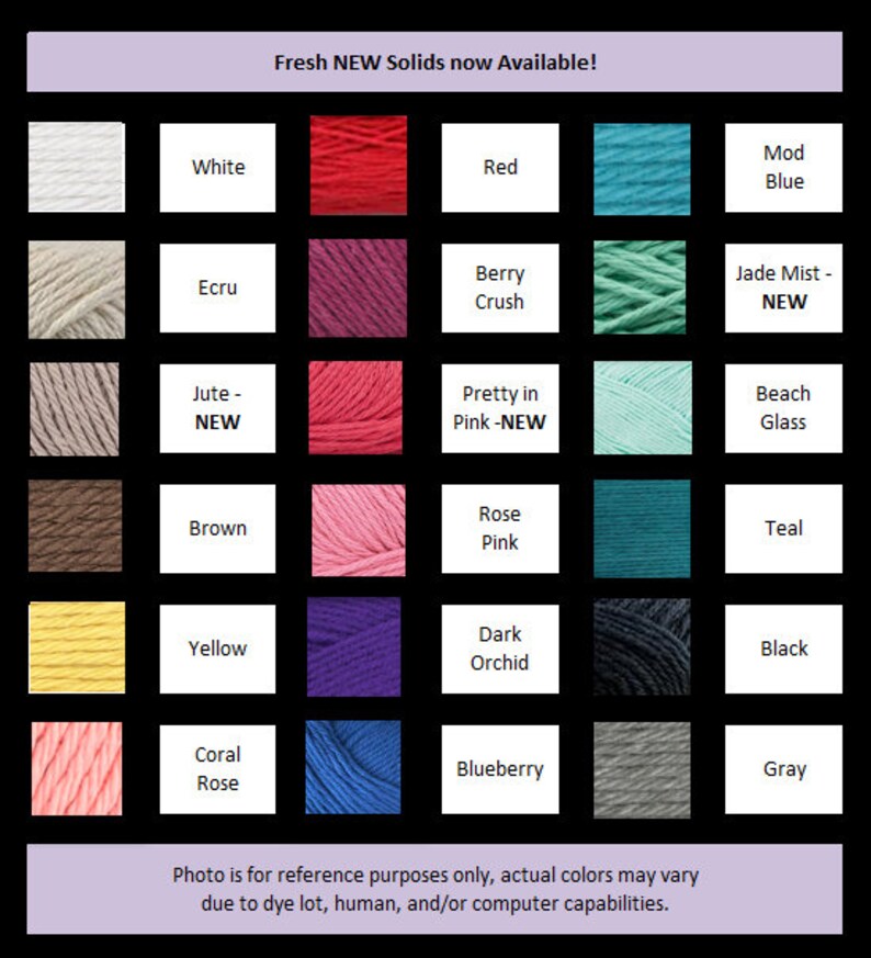 Puede incluir: Una tabla de colores de hilo con nombres como Blanco, Rojo, Berry Crush, Jade Mist, Jute, Pretty in Pink, Rose Pink, Teal, Amarillo, Orqu&iacute;dea oscura, Negro, Coral Rose, Ar&aacute;ndano y Gris. El texto "Fresh NEW Solids now Available!" est&aacute; en la parte superior de la tabla.