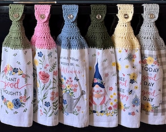 Crochet Button Top Kitchen Towel, Double Layer Hanging Dish Towel, Everyday Prints, Garden Prints