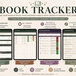 May include: A digital book tracker with the title "BOOK TRACKER" in a dark green font. The image shows four different views of the tracker on tablets, including a dashboard, library, reviews, and commonplace book. The tracker is designed for book lovers.