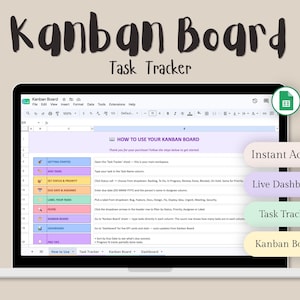 Könnte beinhalten: Ein digitales Kanban-Board zur Aufgabenverfolgung auf einem Laptop-Bildschirm. Die Benutzeroberfläche zeigt eine Tabelle mit Anweisungen unter dem Titel How to Use Your Kanban Board sowie vier abgerundete rechteckige Schaltflächen mit den Beschriftungen Instant Access, Live Dashboard, Task Tracker und Kanban Board.
