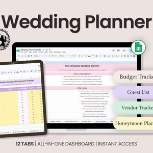 May include: A digital wedding planner displayed on a laptop and tablet screen, featuring a dashboard with tabs for a budget tracker, guest list, vendor tracker, and honeymoon planner. The interface includes text headers and organised spreadsheet columns.