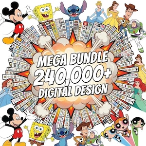 Könnte beinhalten: Ein digitales Design-Megapaket mit über 240.000 Dateien in kreisförmiger Anordnung. Die zentrale Grafik zeigt den Text MEGA BUNDLE 240,000+ DIGITAL DESIGN, umgeben von verschiedenen Zeichentrickfiguren wie Mickey Maus, SpongeBob, Stitch und anderen.