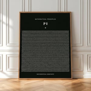 Könnte beinhalten: Ein rechteckiger Wandkunstdruck in einem dünnen Holzrahmen mit schwarzem Hintergrund und weißem Text. Oben steht MATHEMATICAL PRINCIPLES, gefolgt von PI und dem Symbol π. Darunter befindet sich ein dichtes Raster aus Ziffern, mit MATHEMATICAL CONSTANTS am unteren Rand.