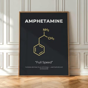 Puede incluir: Un póster rectangular con fondo negro y el texto blanco AMPHETAMINE en la parte superior. Un diagrama de estructura química dorado está centrado debajo. El texto Full Speed aparece en blanco, seguido de un texto descriptivo más pequeño.