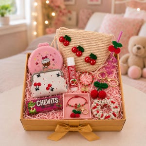 Cherry Princess Gift Set – Tote Bag, Purse, Bracelet, Lip Balm, Mirror, Scrunchie