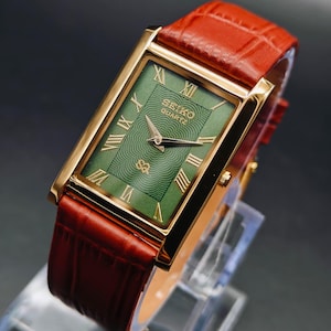 Vintage Seiko Slim Tank Quartz Wrist Watch Green Dial Rectangular Gold Case