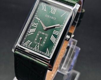 Vintage Seiko Slim Tank Men Rectangle Watch Gift for Him With Leather Strap Green