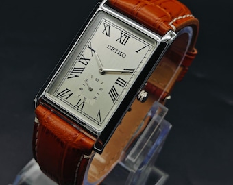 Vintage Seiko Slim Tank Männer Rechteck Uhr Geschenk für Ihn mit Lederarmband