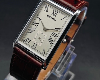 Vintage Seiko Slim Tank Men Rectangle Watch Gift for Him With Leather Strap