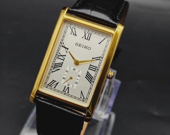 Vintage SEIKO Slim Gold Rectangular Wrist Watch, Roman Dial, Gold Tone