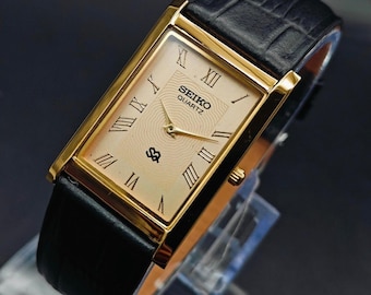 Vintage Seiko slank vintage rechthoekig quartz-polshorloge, geïnspireerde leren band met gouden wijzerplaat